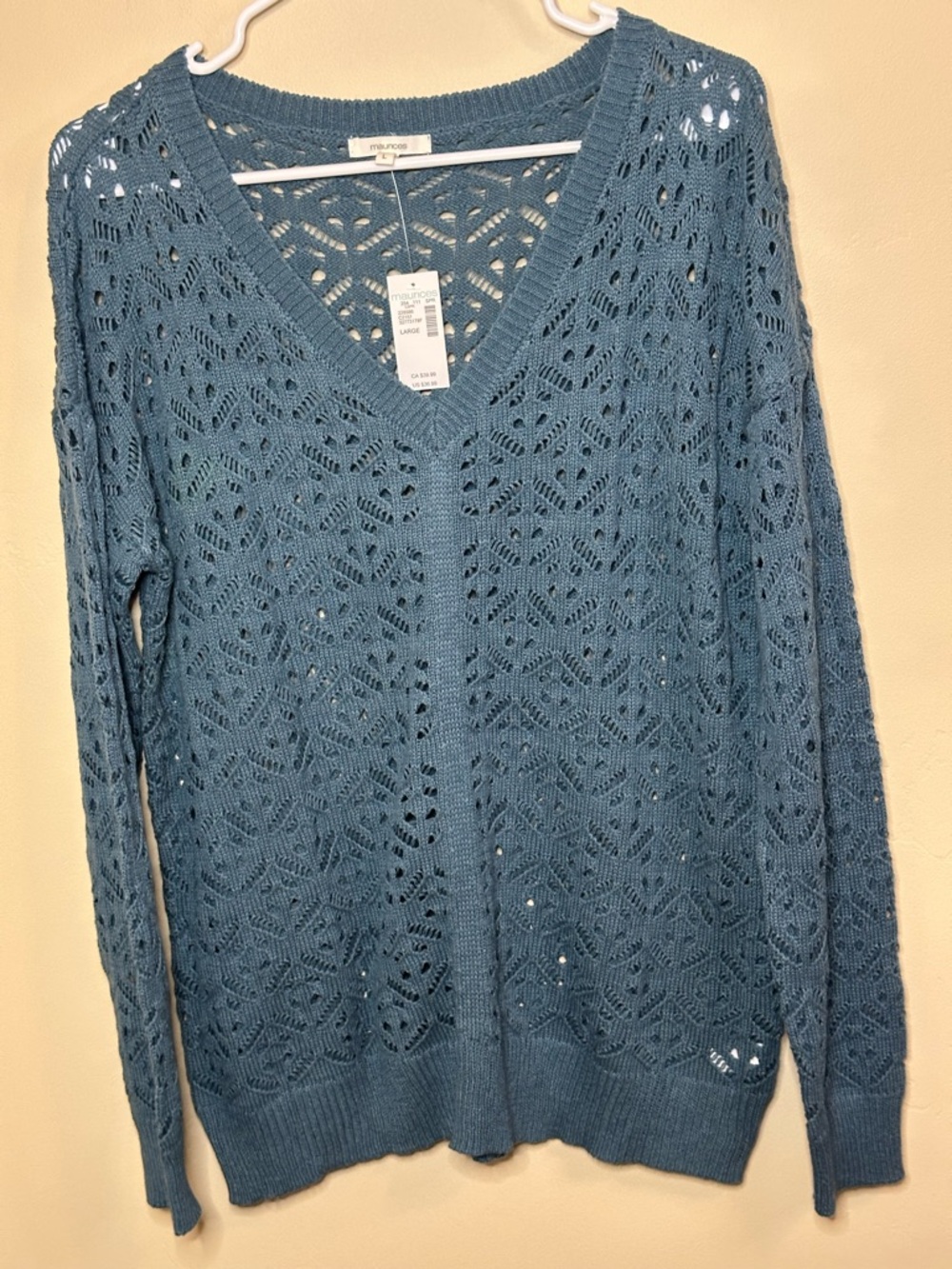 Maurices Large Blue Open-Coastal Vibes Knit V-Neck Sweater NWT